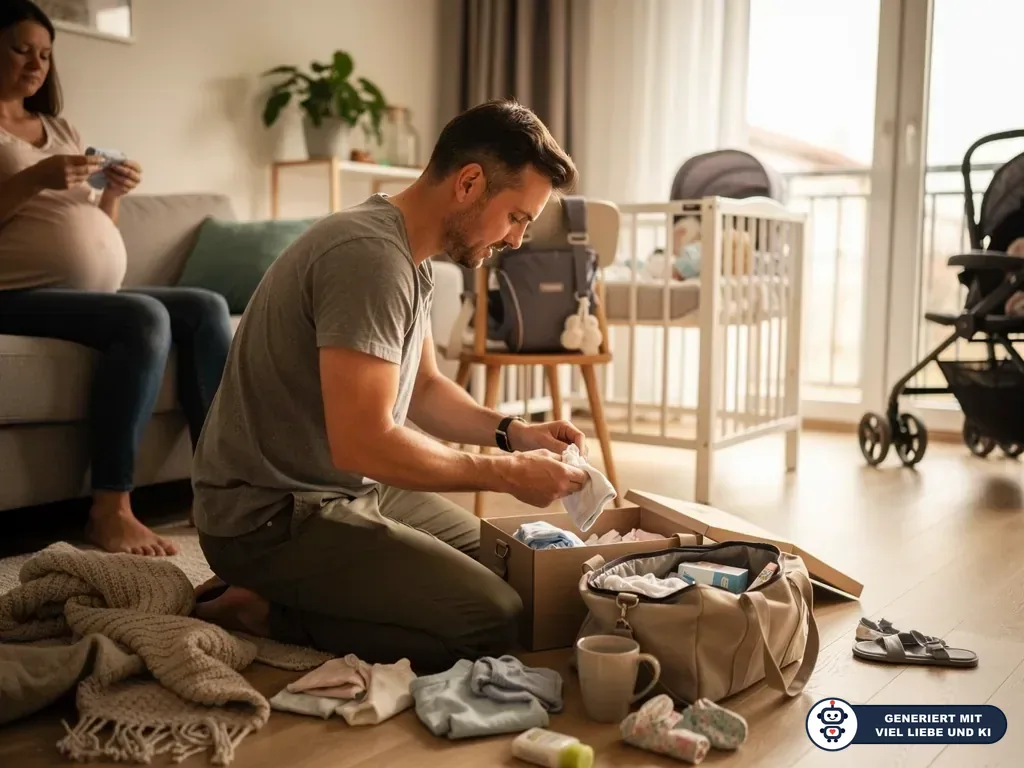 Werdender Vater packt Babysachen in eine Tasche, während die schwangere Partnerin im Wohnzimmer sitzt. (mit KI erstellt)