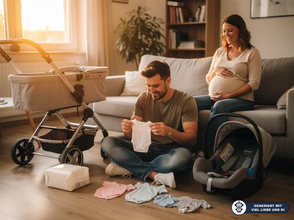 Werdender Vater sortiert Babykleidung neben Kinderwagen und Babyschale, schwangere Frau sitzt lächelnd auf dem Sofa. (mit KI erstellt)
