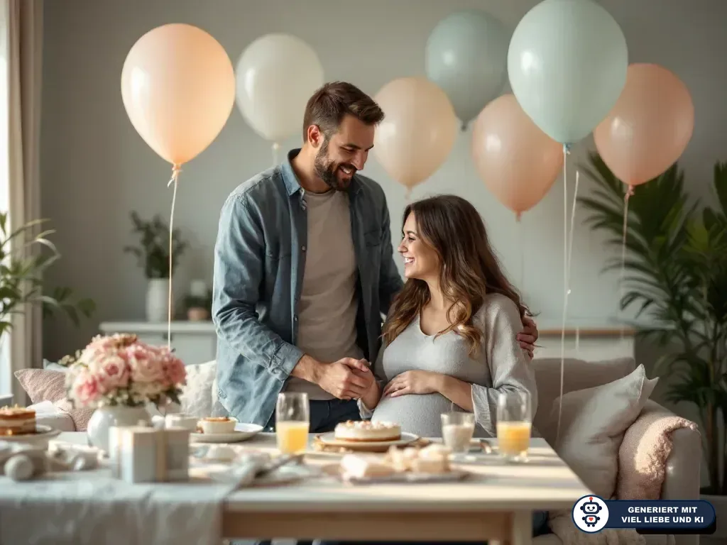 Werdender Vater steht neben schwangerer Frau bei einer Babyparty mit pastellfarbenen Ballons und gedecktem Tisch. (mit KI erstellt)