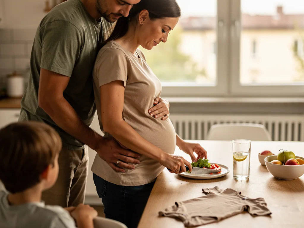Werdender Vater umarmt Schwangere am Küchentisch, ein Kind schaut zu; auf dem Tisch liegen Gemüse, Obst und Babybody.