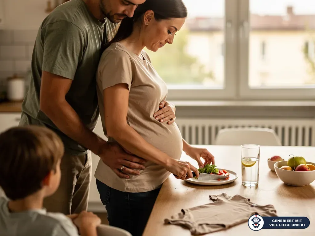 Werdender Vater umarmt Schwangere am Küchentisch, ein Kind schaut zu; auf dem Tisch liegen Gemüse, Obst und Babybody. (mit KI erstellt)