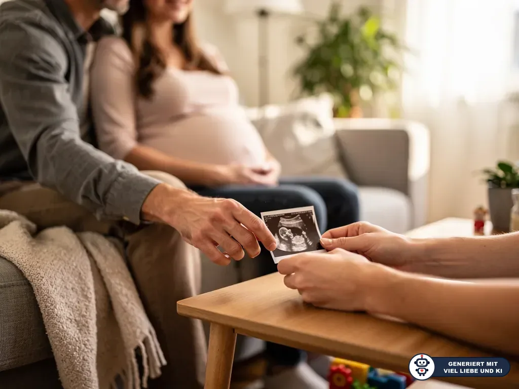 Werdender Vater zeigt auf ein Ultraschallbild, während die schwangere Partnerin im Wohnzimmer sitzt. (mit KI erstellt)