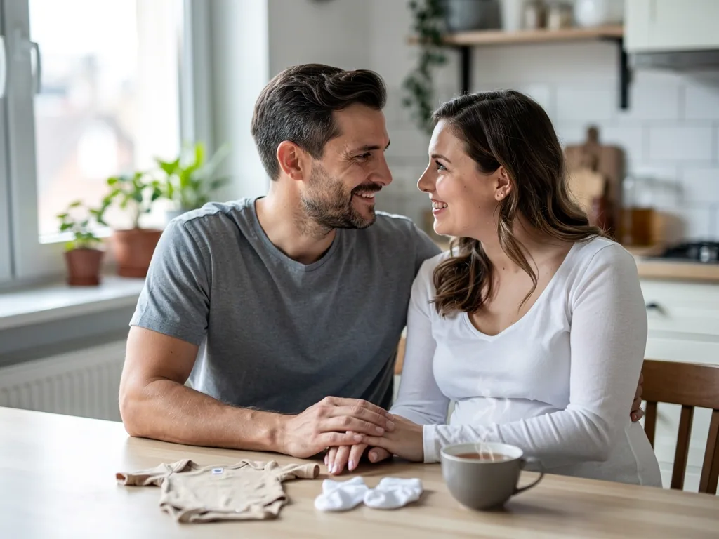 Werdendes Paar sitzt lächelnd in der Küche; vor ihnen liegen Babybody, Babysöckchen und eine Tasse auf dem Tisch.