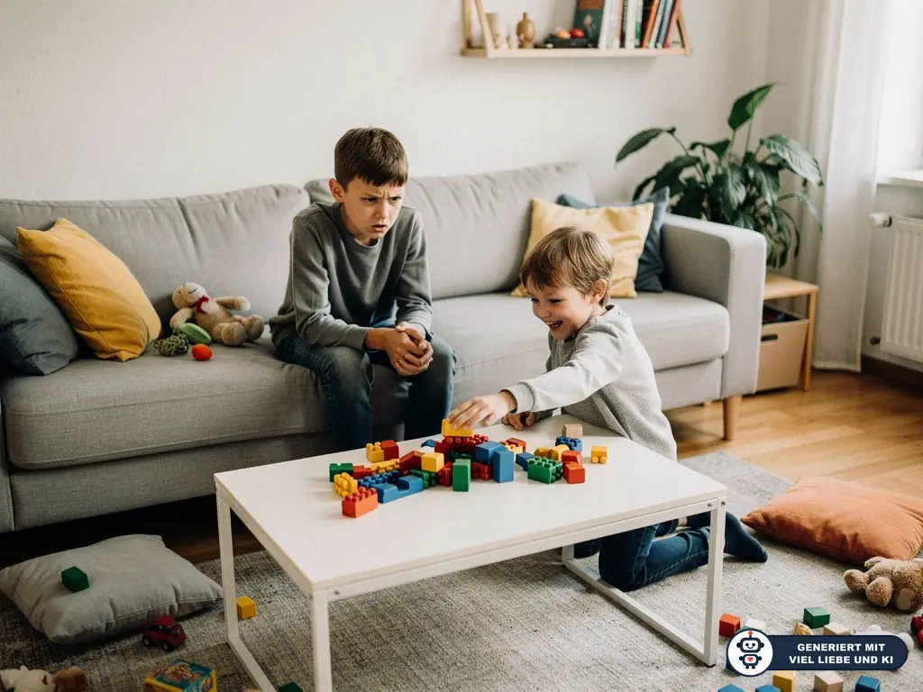 Zwei Brüder spielen im Wohnzimmer mit Bausteinen, der ältere sitzt nachdenklich auf dem Sofa. (mit KI erstellt)