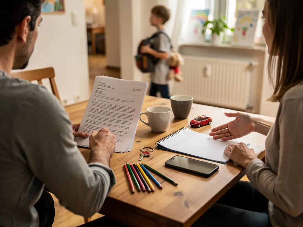 Zwei Eltern sitzen mit Unterlagen am Tisch, im Hintergrund steht ein Kind mit Schulranzen im Flur.