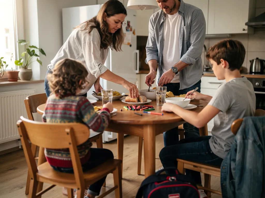 Zwei Erwachsene decken mit zwei Kindern in der Küche den Esstisch mit Brot, Getränken und Stiften.