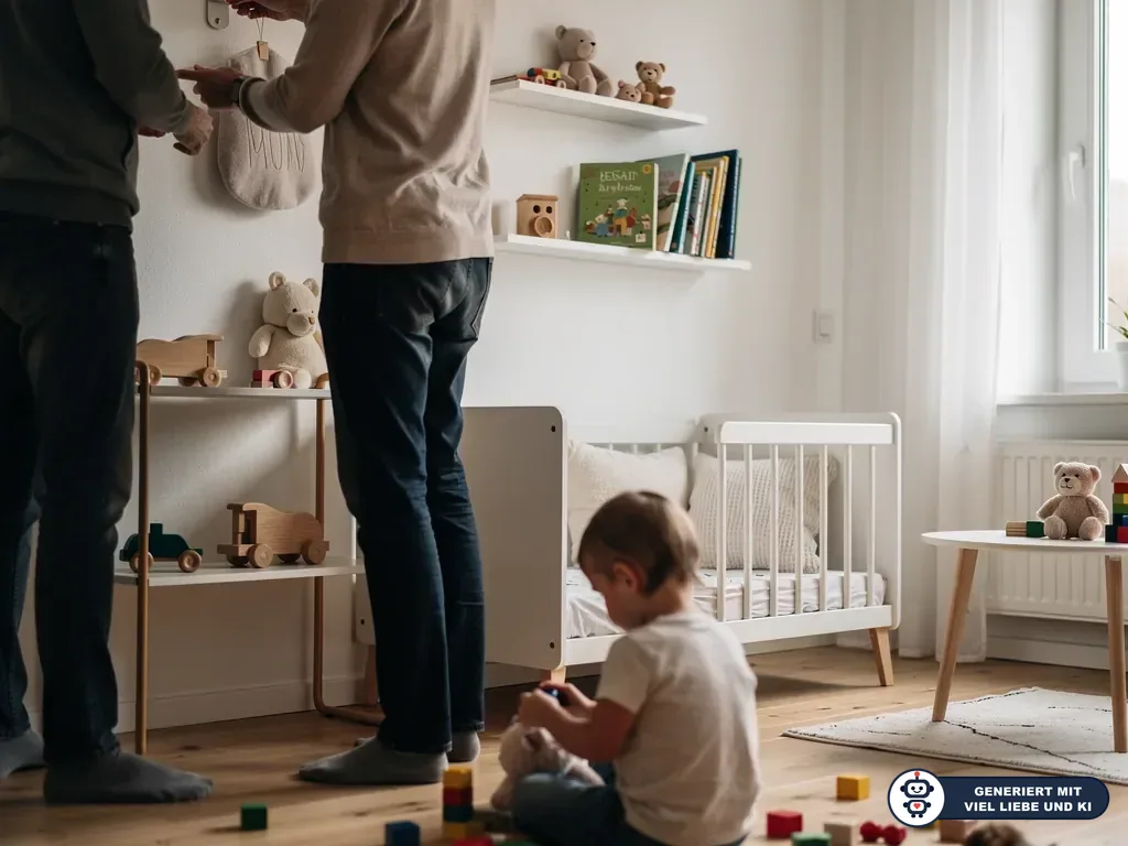 Zwei Erwachsene hängen im Kinderzimmer Deko auf, während ein Kleinkind zwischen Bett, Regal und Spielzeug spielt. (mit KI erstellt)