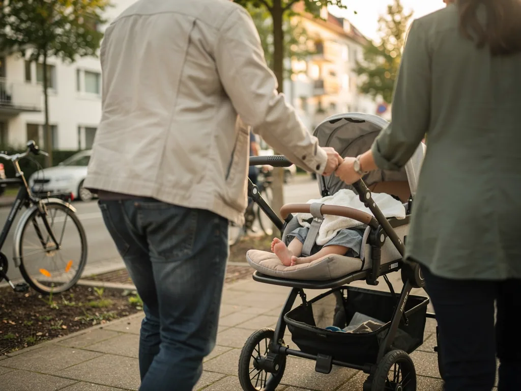 Zwei Erwachsene schieben einen Buggy mit Baby auf einem Gehweg in einer Wohnstraße.