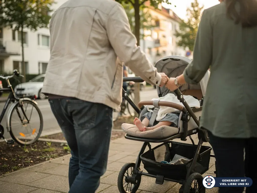 Zwei Erwachsene schieben einen Buggy mit Baby auf einem Gehweg in einer Wohnstraße. (mit KI erstellt)