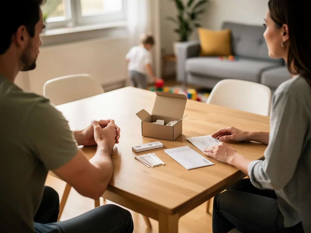 Zwei Erwachsene sitzen am Tisch mit DNA-Testset und Formularen, während ein Kind im Wohnzimmer spielt.