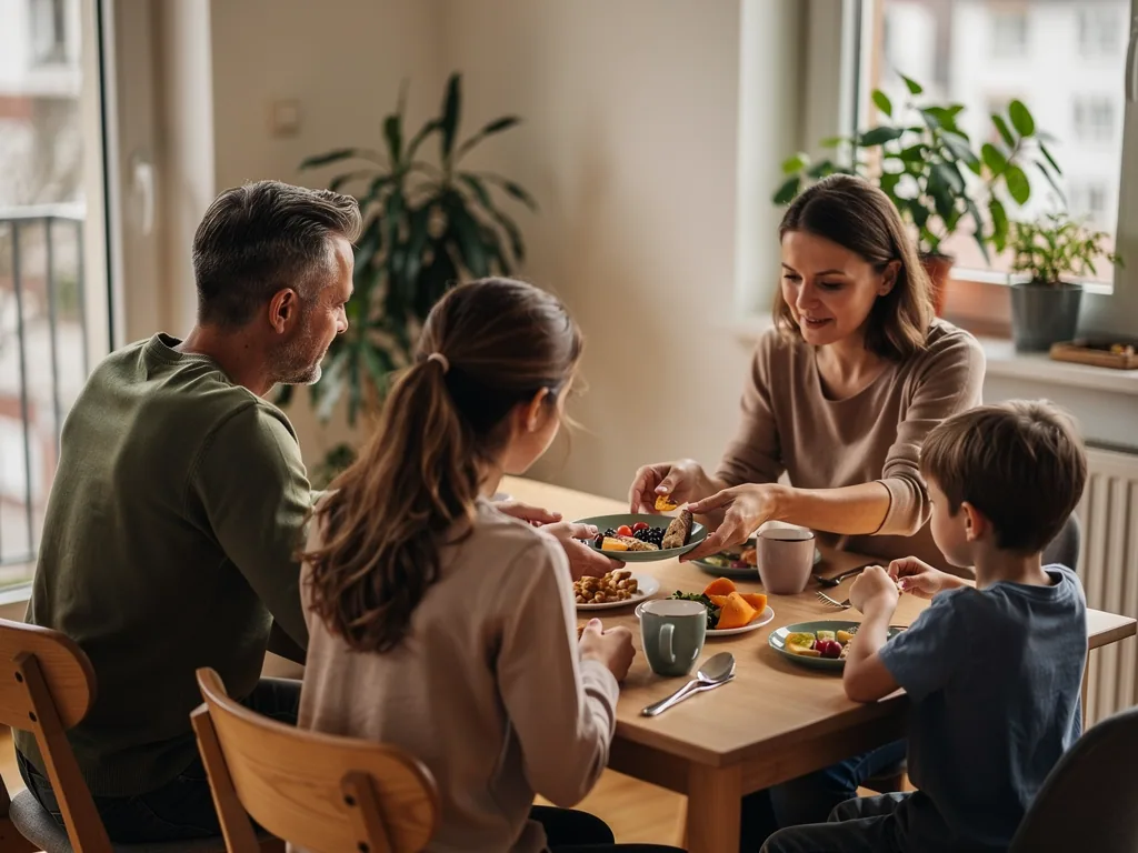 Zwei Erwachsene und zwei Kinder sitzen am Esstisch und teilen Obst, Brot und Snacks in einer hellen Wohnung.