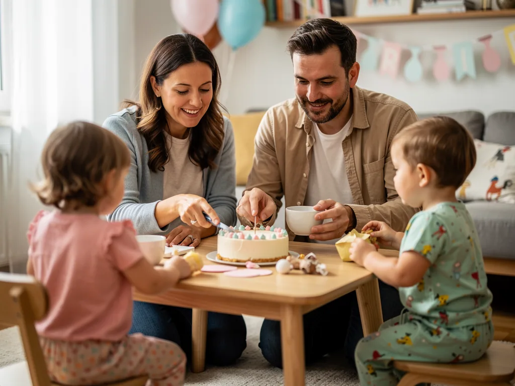 Zwei Erwachsene und zwei Kleinkinder sitzen am Tisch und verzieren gemeinsam einen Geburtstagskuchen.