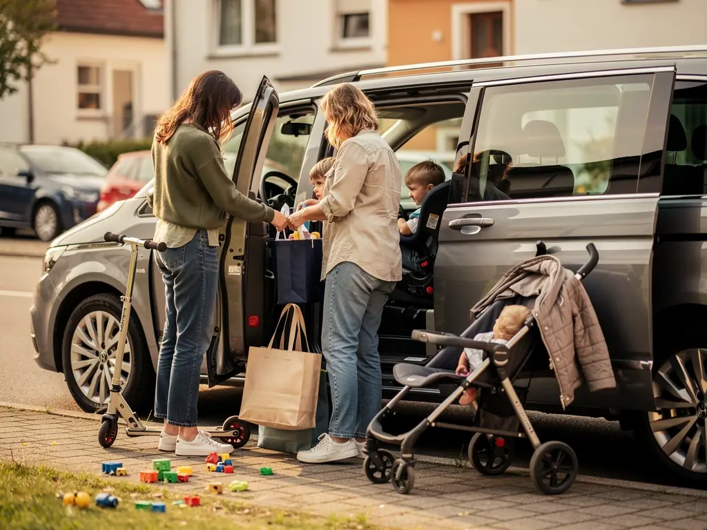 Zwei Frauen beladen einen Van mit Schiebetür, Kinder sitzen im Auto, Kinderwagen und Spielzeug stehen davor.
