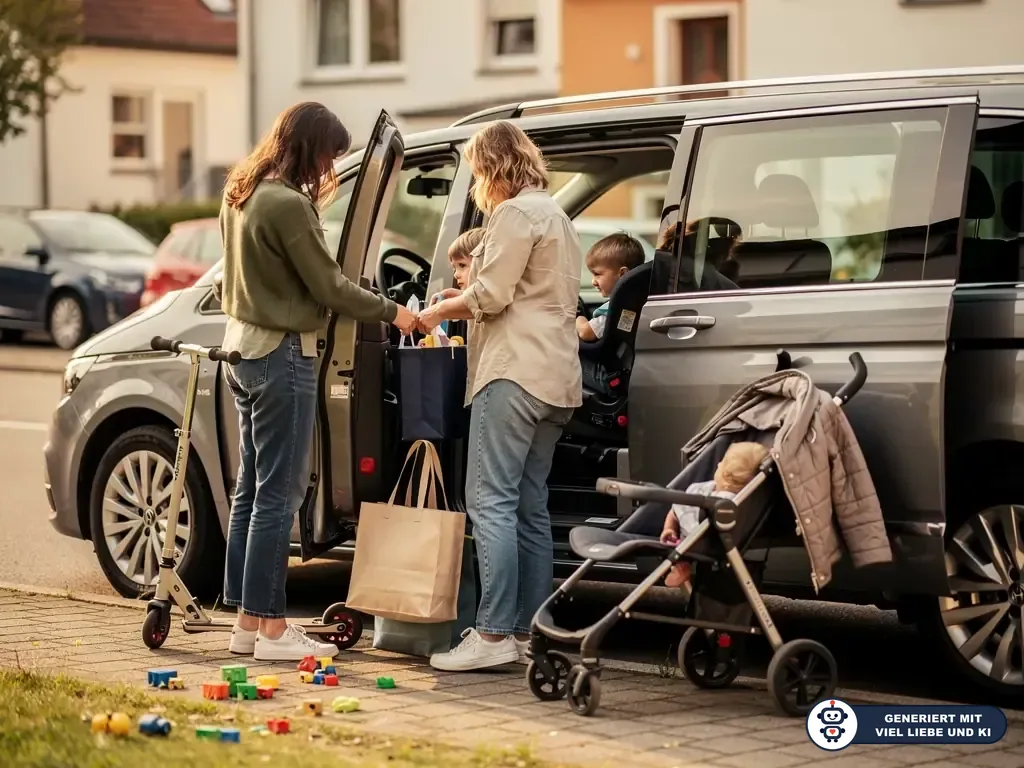 Zwei Frauen beladen einen Van mit Schiebetür, Kinder sitzen im Auto, Kinderwagen und Spielzeug stehen davor. (mit KI erstellt)