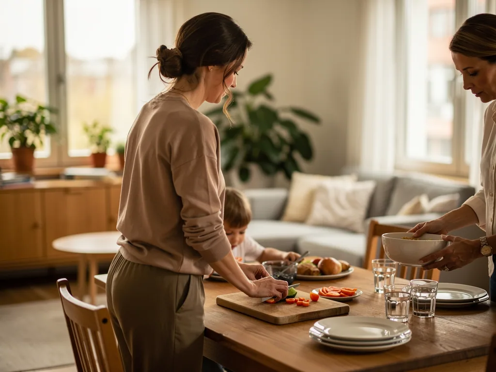 Zwei Frauen bereiten mit einem Kind in der Küche gemeinsam Essen am Tisch vor.