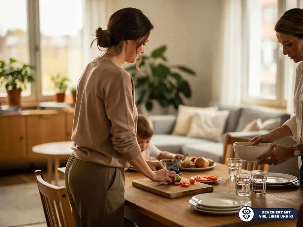 Zwei Frauen bereiten mit einem Kind in der Küche gemeinsam Essen am Tisch vor. (mit KI erstellt)