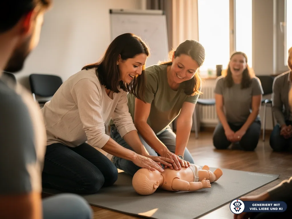 Zwei Frauen üben Herzdruckmassage an einer Babypuppe in einem Erste-Hilfe-Kurs für Kinder. (mit KI erstellt)