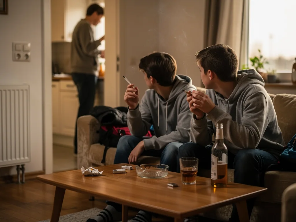 Zwei Jugendliche rauchen und trinken im Wohnzimmer, während ein Erwachsener im Hintergrund am Handy ist.