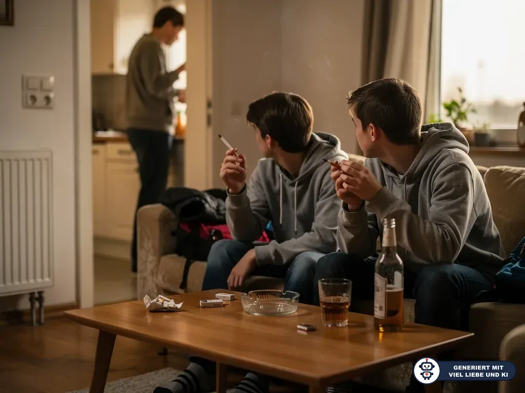Zwei Jugendliche rauchen und trinken im Wohnzimmer, während ein Erwachsener im Hintergrund am Handy ist. (mit KI erstellt)