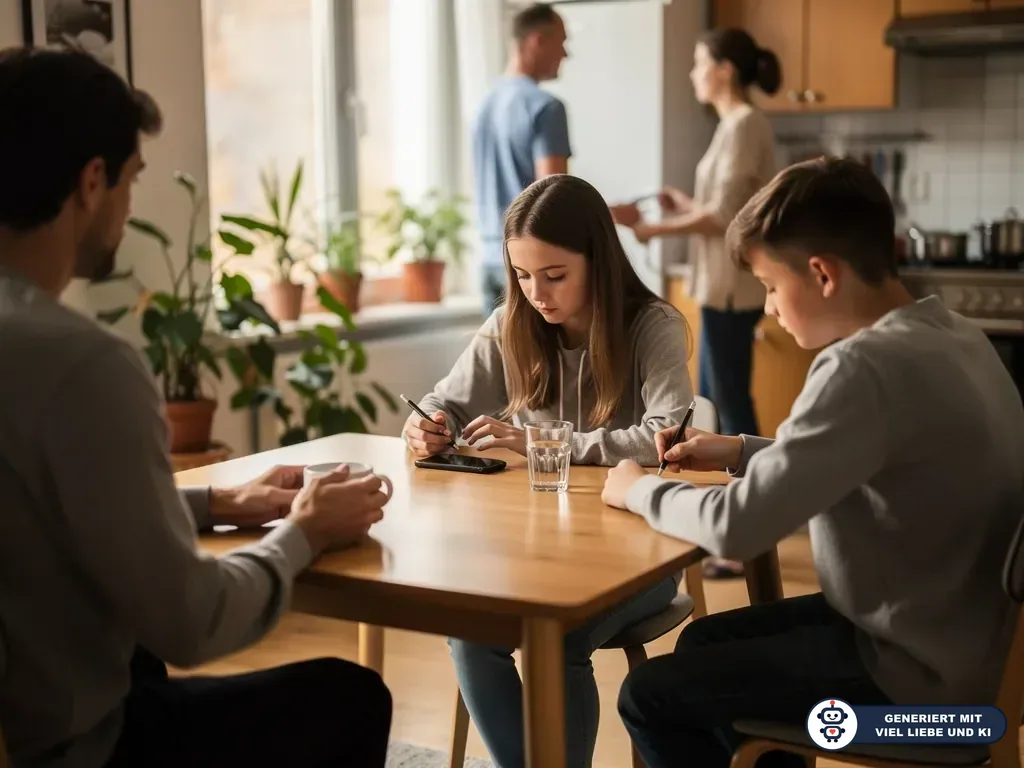 Zwei Jugendliche sitzen am Küchentisch, schreiben und schauen aufs Handy, während Erwachsene im Hintergrund sprechen. (mit KI erstellt)