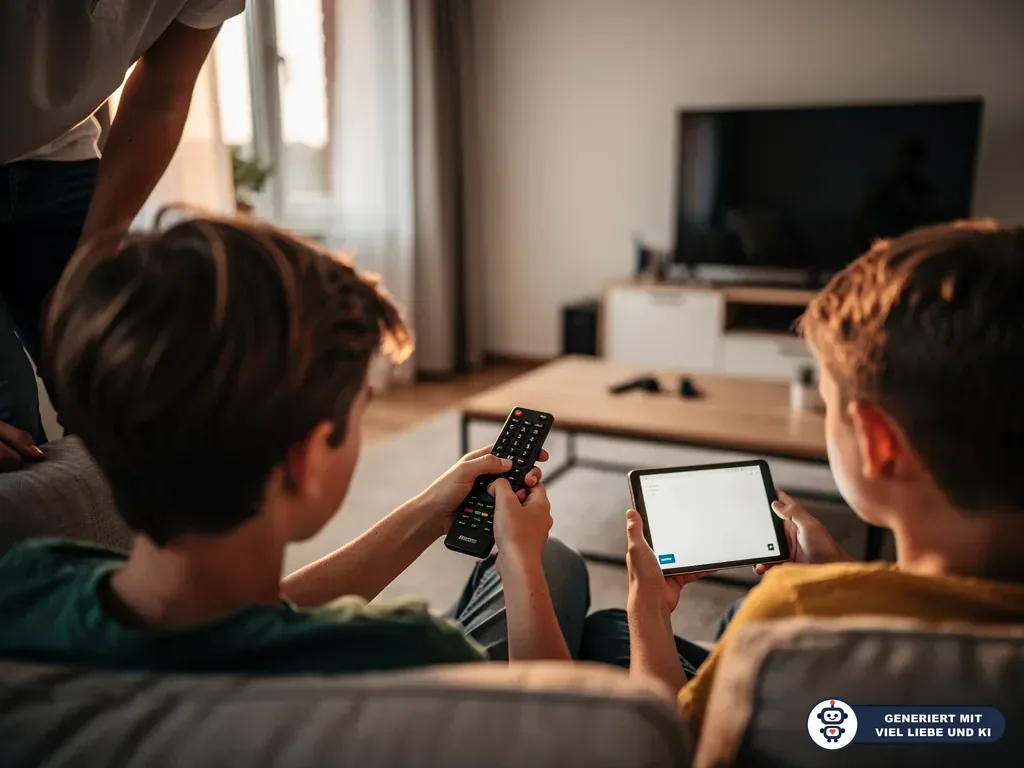 Zwei Jungen auf dem Sofa bedienen Fernbedienung und Tablet vor einem Fernseher im Wohnzimmer. (mit KI erstellt)