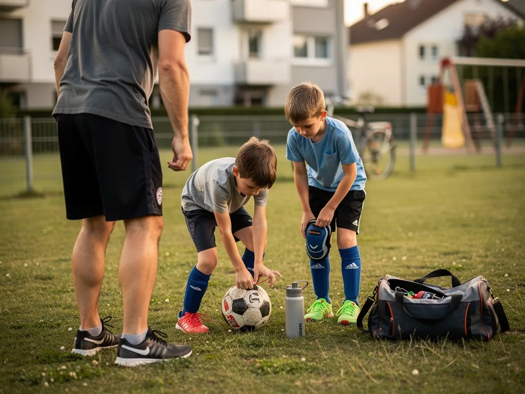 Zwei Jungen mit Schienbeinschonern und Fußball stehen neben Trainer, Trinkflasche und Sporttasche auf dem Rasen