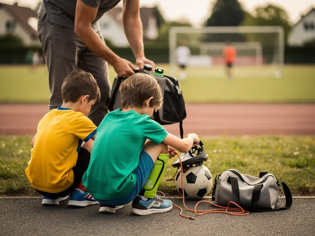 Zwei Jungen packen am Sportplatz ihre Taschen aus, daneben Fußball, Trinkflasche und ein Erwachsener.