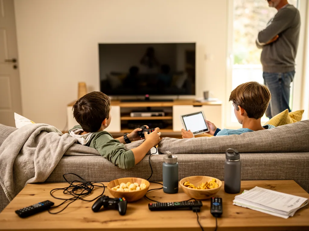 Zwei Jungen sitzen vor dem Fernseher; einer hält einen Controller, der andere ein Tablet, ein Vater steht daneben.