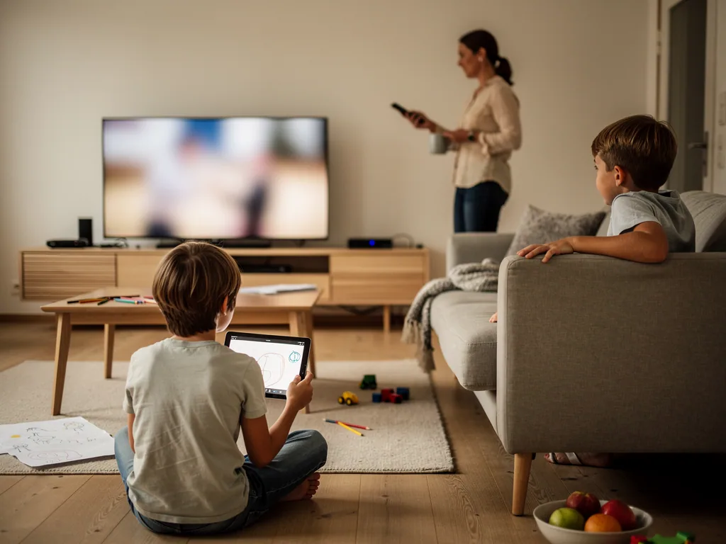Zwei Kinder im Wohnzimmer vor dem Fernseher; ein Kind nutzt ein Tablet, eine Mutter hält die Fernbedienung.