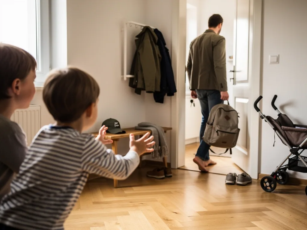 Zwei Kinder sehen ihrem Vater nach, der mit Rucksack die Wohnung verlässt.