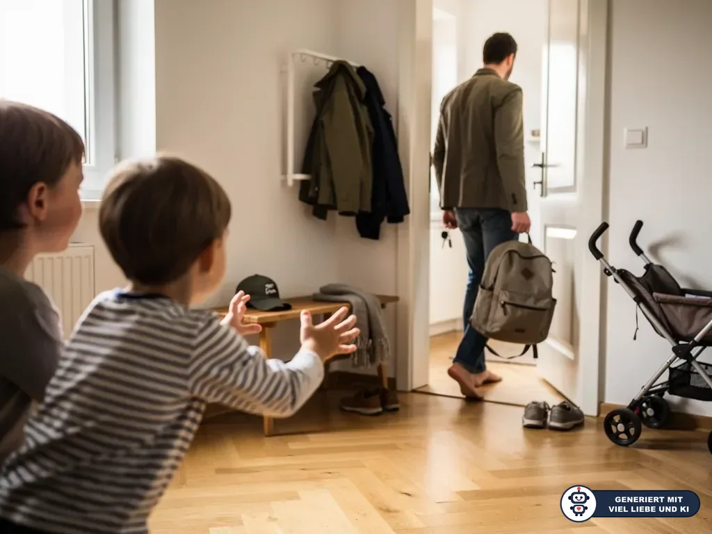 Zwei Kinder sehen ihrem Vater nach, der mit Rucksack die Wohnung verlässt. (mit KI erstellt)