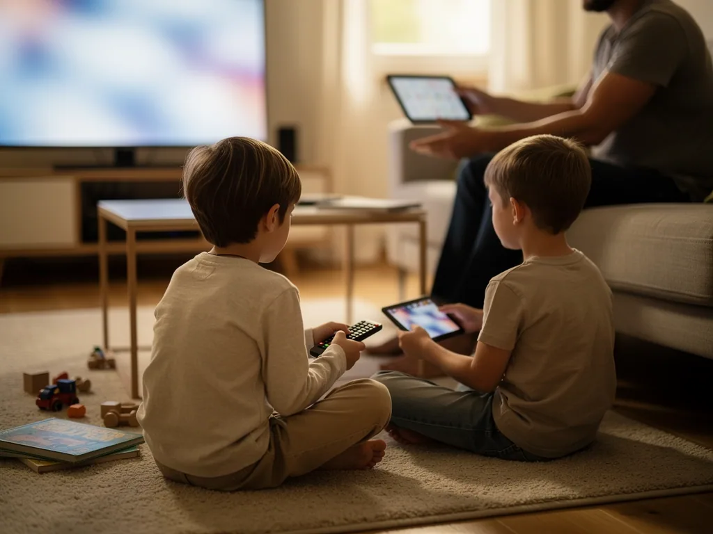 Zwei Kinder sitzen im Wohnzimmer mit Fernbedienung und Tablet vor dem Fernseher, ein Erwachsener hält ein Tablet.