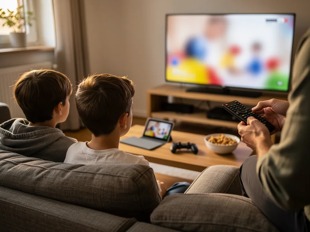 Zwei Kinder sitzen mit einem Erwachsenen vor Fernseher, Tablet und Controller im Wohnzimmer.
