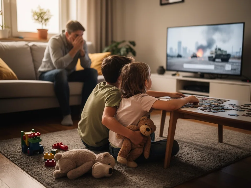 Zwei Kinder sitzen mit Kuscheltier vor dem Fernseher mit Kriegsbildern, im Hintergrund ein besorgter Vater auf dem Sofa.