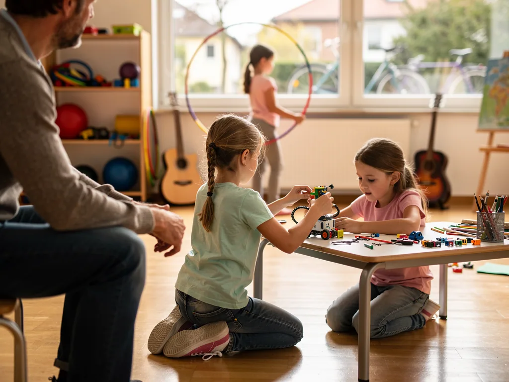 Zwei Mädchen bauen am Tisch mit Spielzeug, ein Erwachsener schaut zu; im Hintergrund spielt ein Kind mit einem Reifen.
