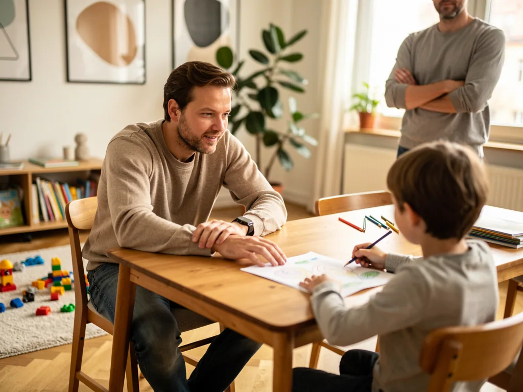 Zwei Männer begleiten ein Kind am Tisch beim Malen in einem hellen Familienzimmer.