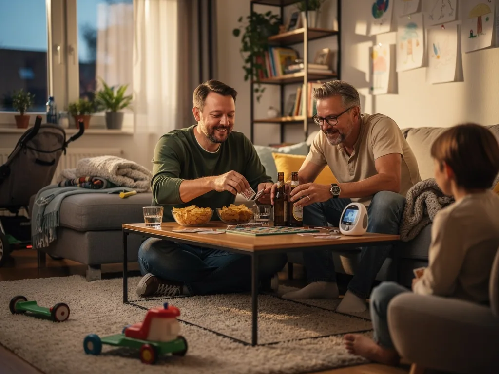 Zwei Männer spielen im Wohnzimmer Karten; Kinderspielzeug, Snacks und Getränke stehen am Couchtisch.