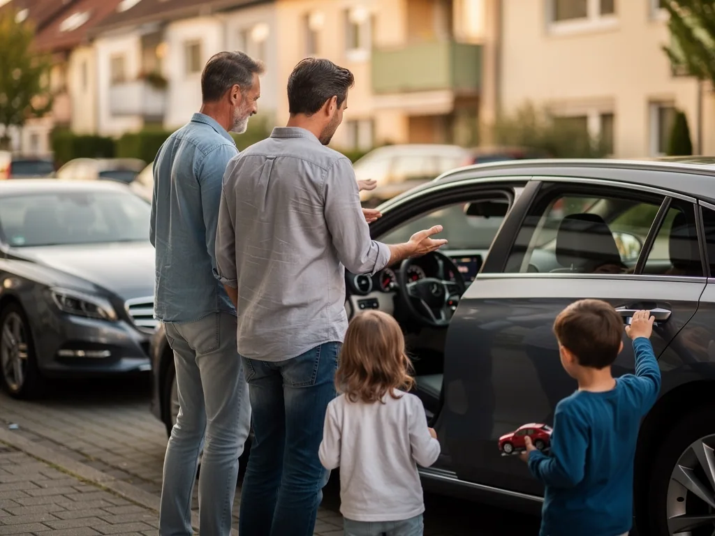 Zwei Männer und zwei Kinder begutachten ein Auto mit geöffneter Tür in einer Wohnstraße.