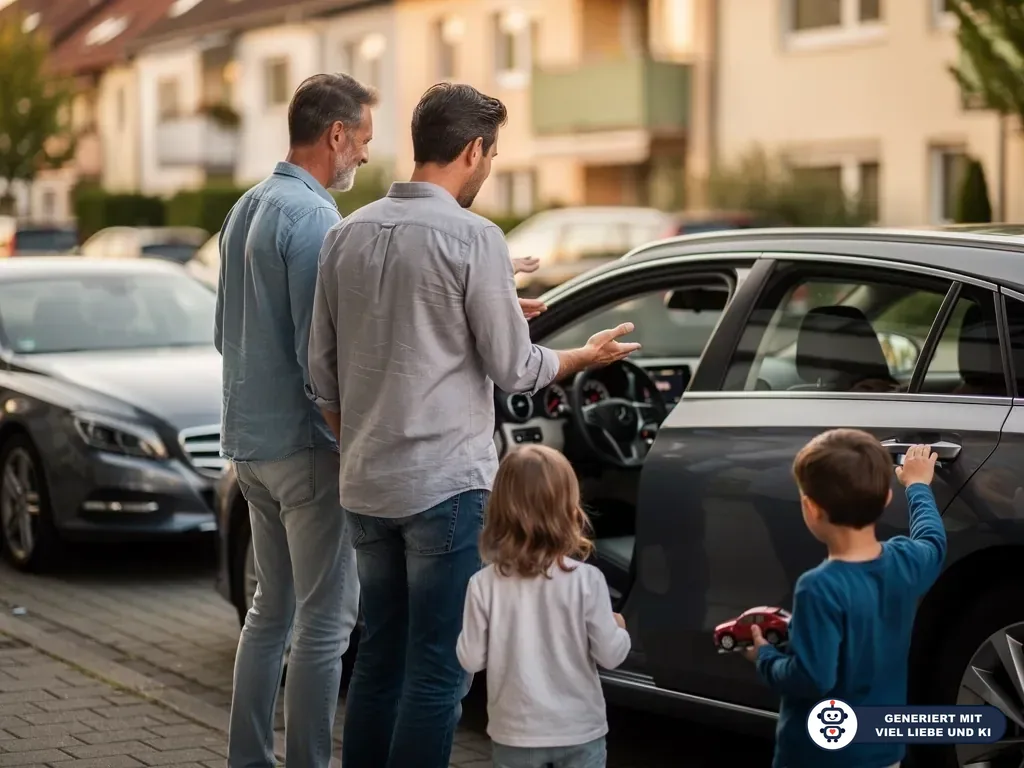 Zwei Männer und zwei Kinder begutachten ein Auto mit geöffneter Tür in einer Wohnstraße. (mit KI erstellt)