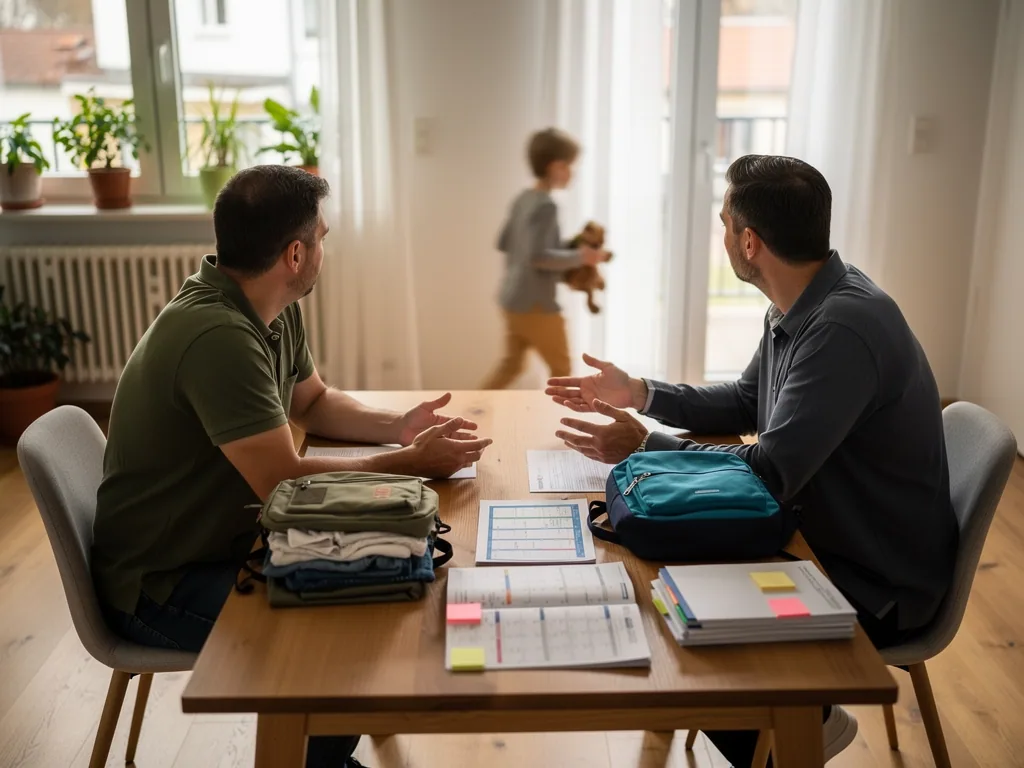 Zwei Väter besprechen am Tisch Unterlagen, Kleidung und Kinder-Rucksack, während ein Kind im Hintergrund spielt.