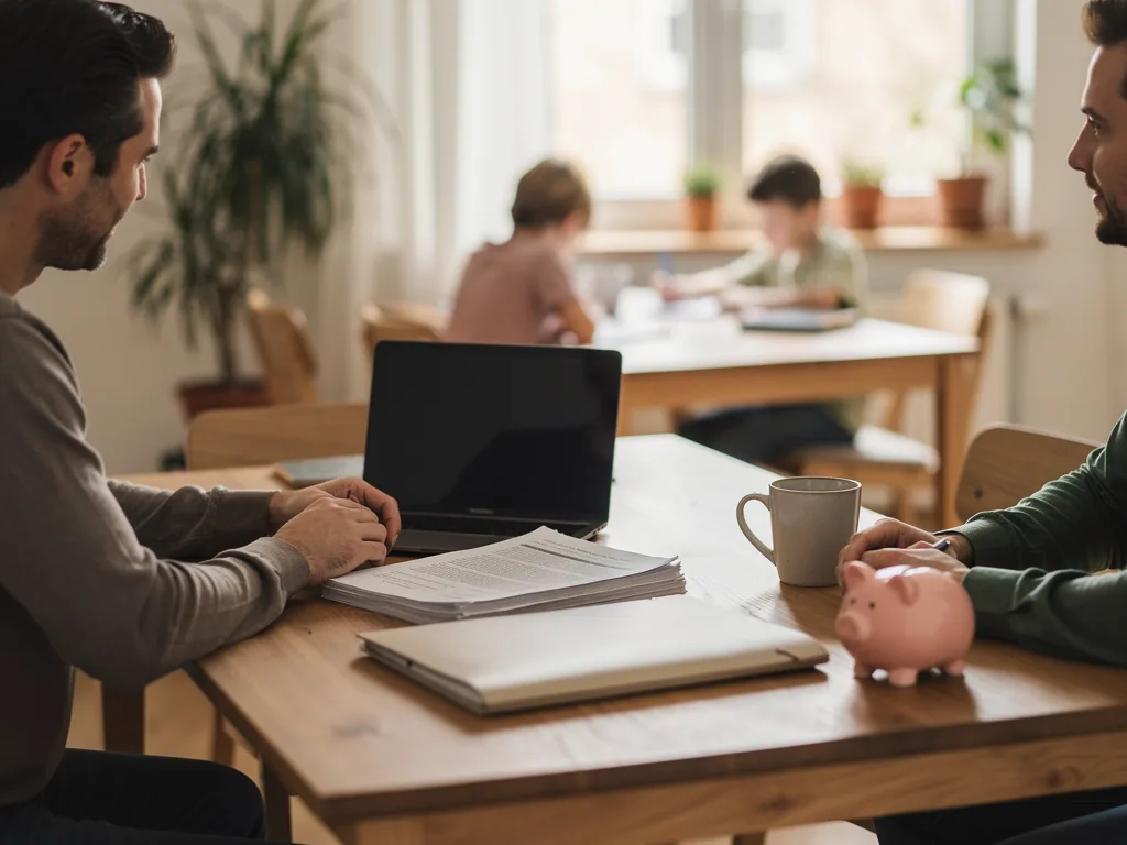 Zwei Väter besprechen Unterlagen zur Vorsorge, mit Laptop und Sparschwein; im Hintergrund lernen Kinder am Tisch.