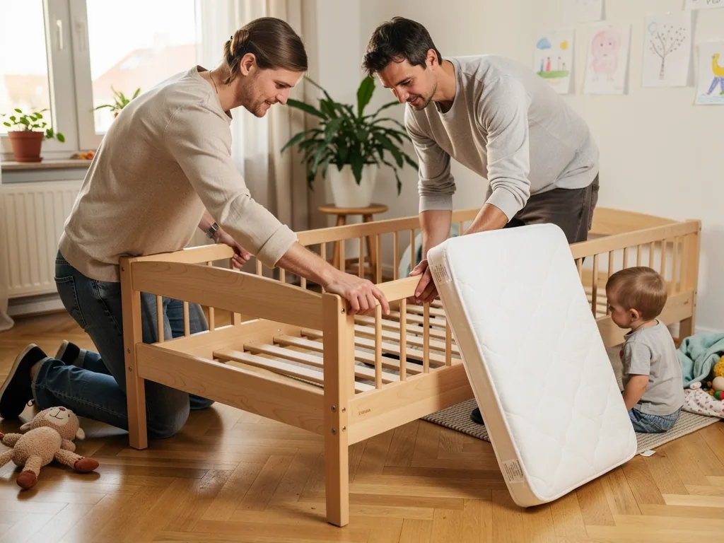Zwei Väter montieren ein Kinderbett mit Seitengittern, während ein Kleinkind neben der Matratze sitzt.