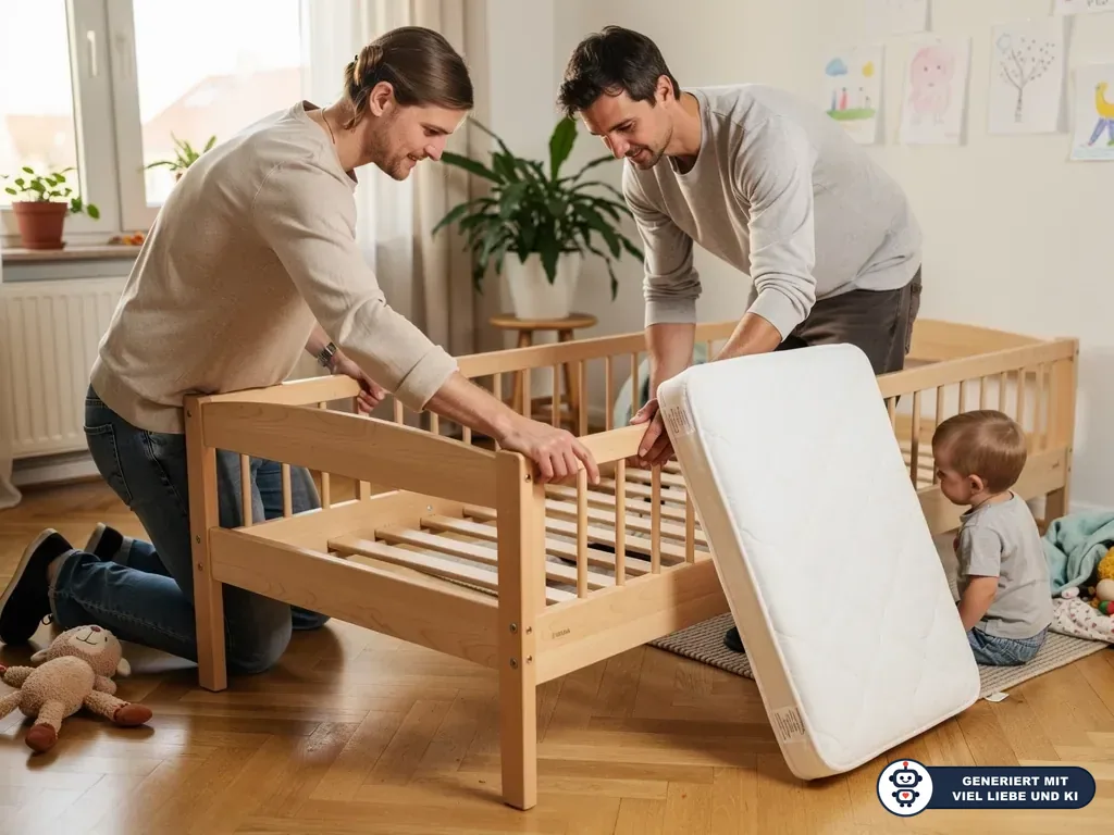 Zwei Väter montieren ein Kinderbett mit Seitengittern, während ein Kleinkind neben der Matratze sitzt. (mit KI erstellt)