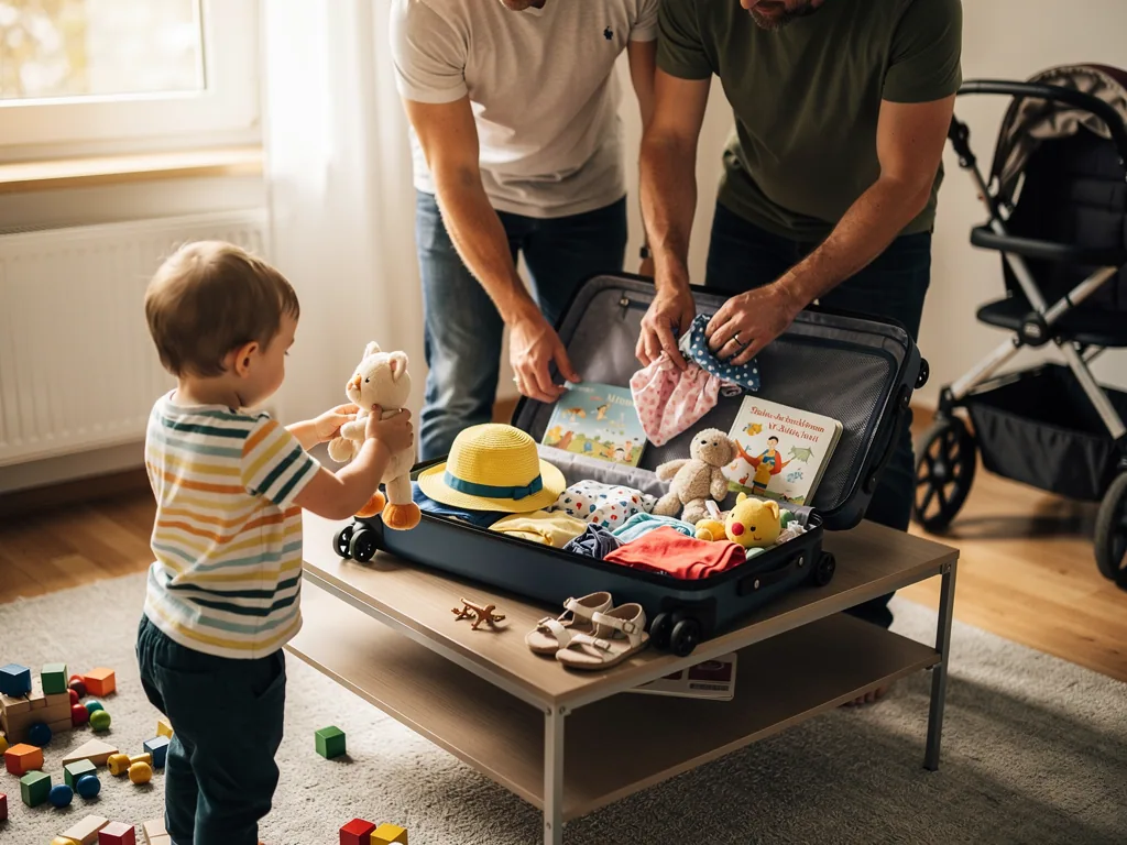 Zwei Väter packen einen Koffer, während ein Kleinkind mit Stofftier danebensteht; Kinderwagen im Hintergrund.