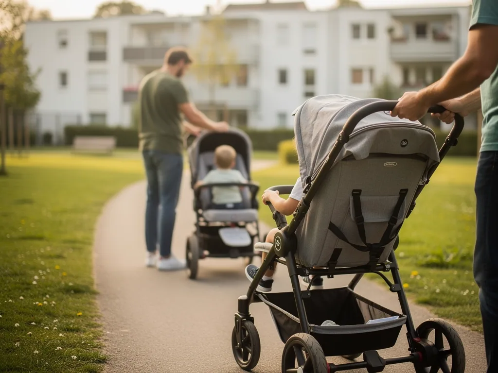 Zwei Väter schieben Kinderwagen mit Kleinkindern auf einem Weg vor Wohnhäusern.
