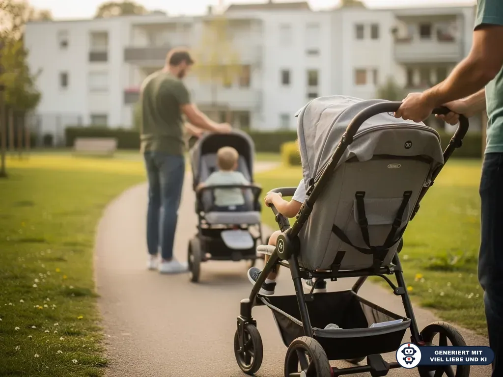 Zwei Väter schieben Kinderwagen mit Kleinkindern auf einem Weg vor Wohnhäusern. (mit KI erstellt)