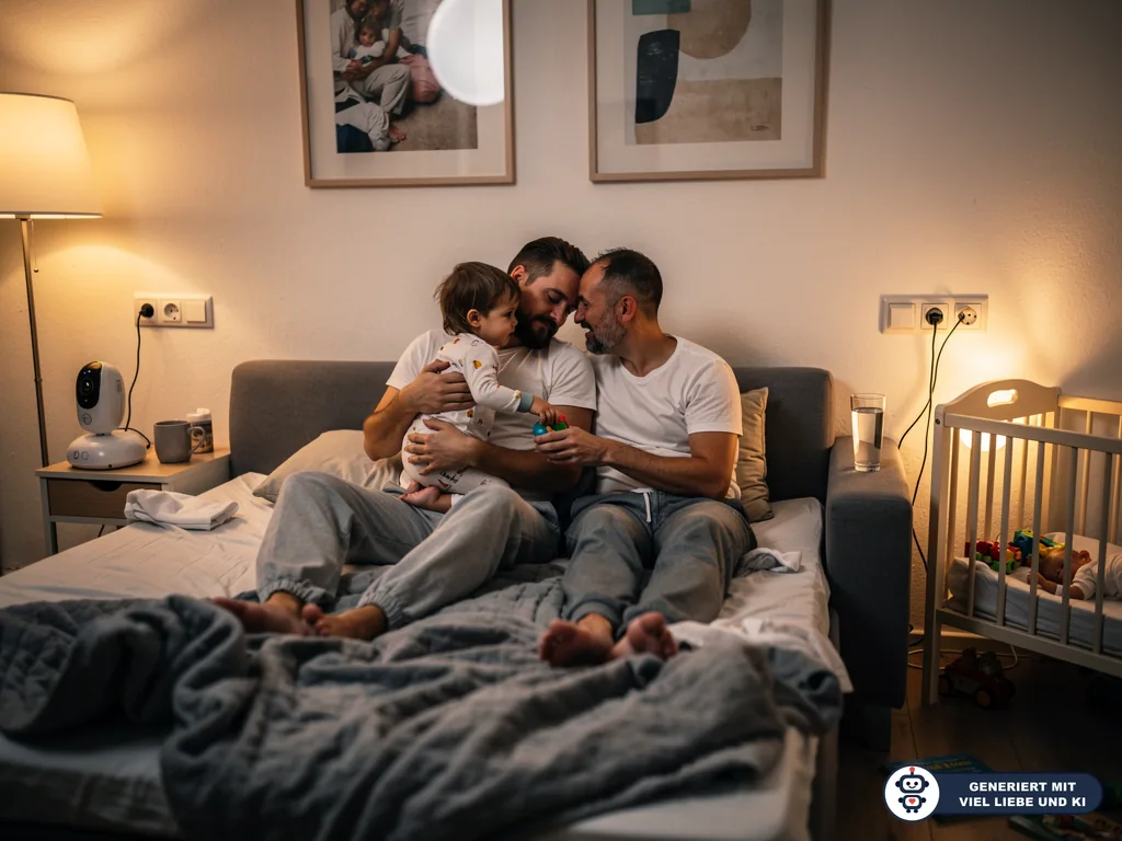 Zwei Väter sitzen abends mit ihrem Kleinkind auf dem Bett, daneben stehen Babybett, Nachtlicht und Babyphone. (mit KI erstellt)