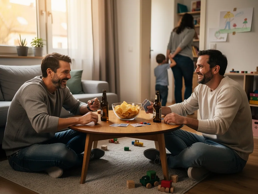 Zwei Väter spielen Karten am Wohnzimmertisch, während Mutter und Kind im Hintergrund den Raum verlassen.
