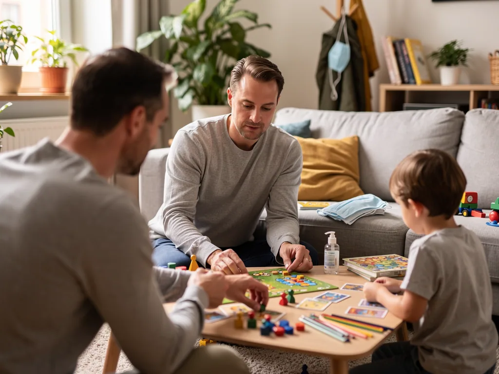 Zwei Väter spielen mit einem Kind im Wohnzimmer ein Brettspiel; Masken und Desinfektionsmittel liegen bereit.