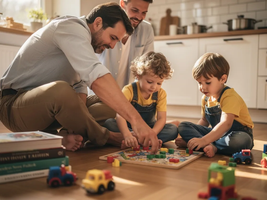 Zwei Väter spielen mit zwei kleinen Kindern auf dem Küchenboden ein Brettspiel.